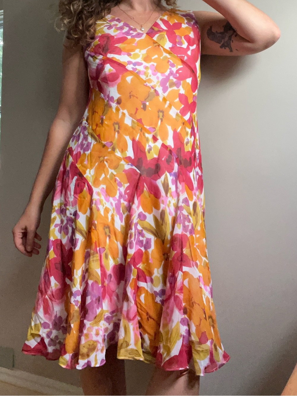 Vintage Silk Floral V-Neck A-Line Midi Dress in Pink & Orange
